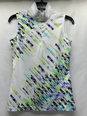 EP New York Womens Sleeveless Brushstroke Golf Polo Shirt XS White Multi